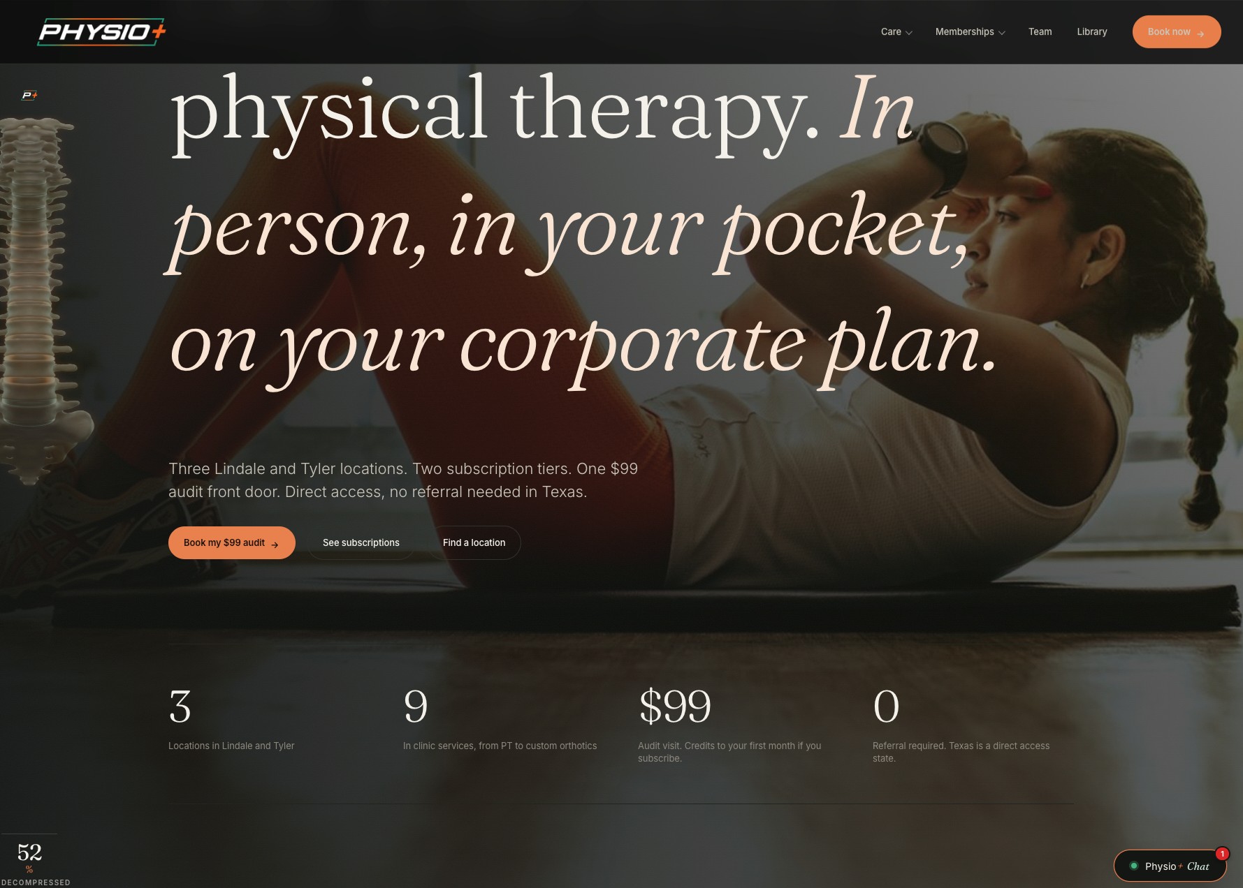 Physio+ rebuilt by NOiC: hero with subscription tiers and direct access copy