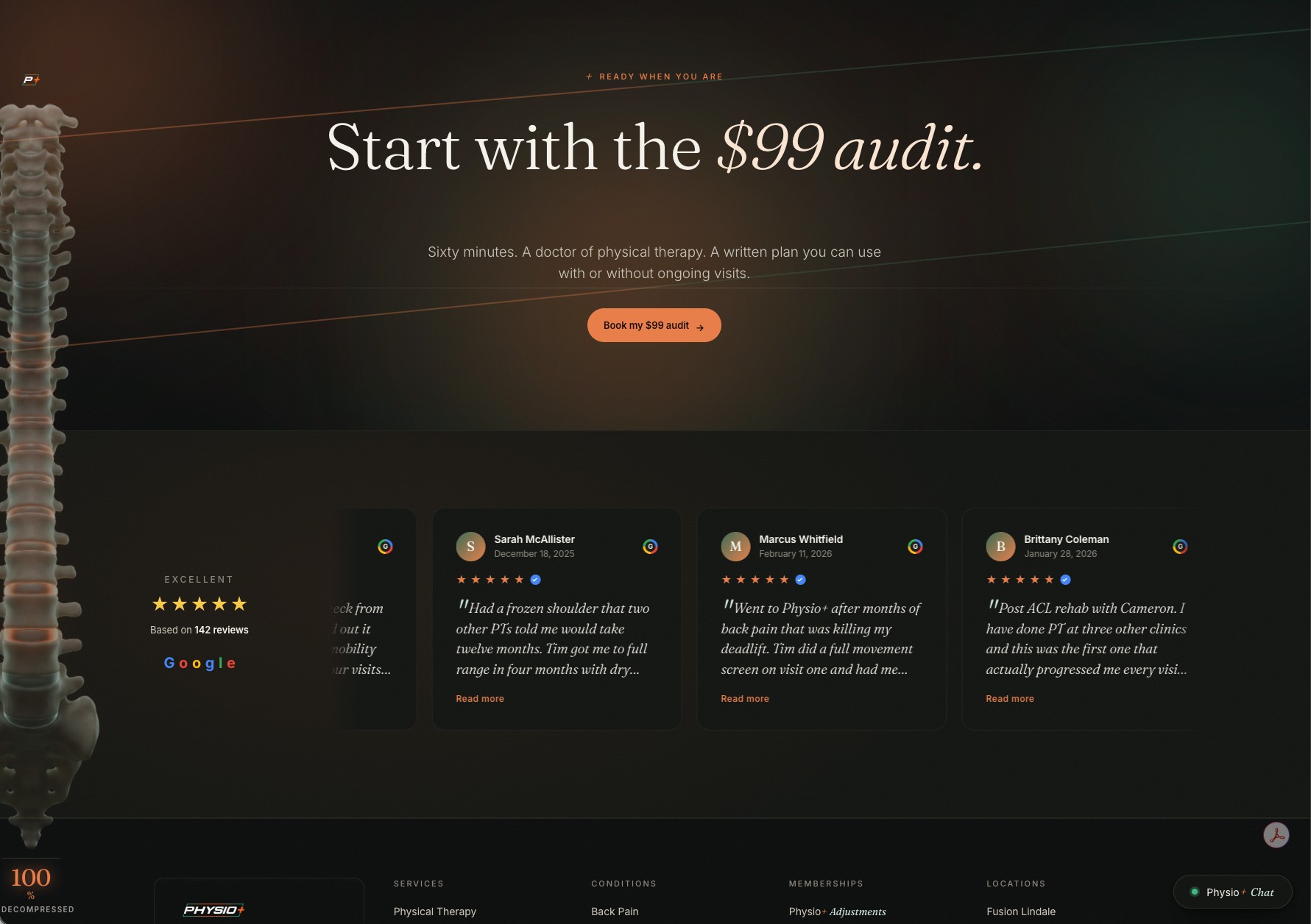 Physio+ rebuilt by NOiC: $99 audit CTA, Google review aggregator, and interactive spine illustration